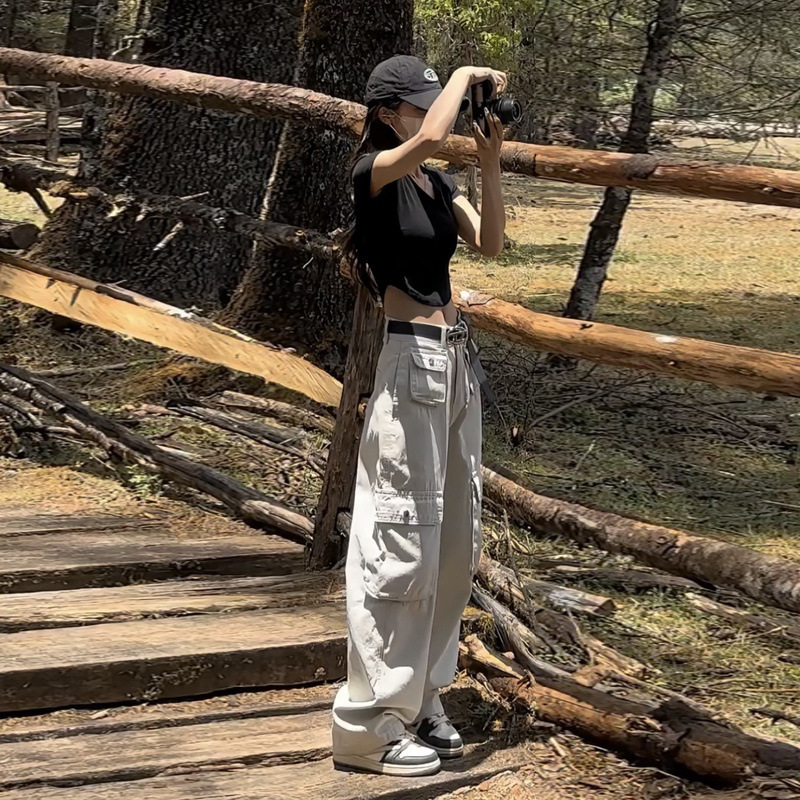 American Retro High Street Off-White Cargo Wide-Leg Pants for Women 2025 Autumn New Petite High-Waisted Casual Pants