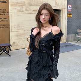 2026春夏新款设计感黑色蕾丝绑带慵懒风上衣薄款防晒性感外衣开衫