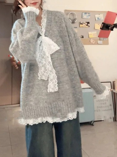 慵懒风蕾丝花边蝴蝶结假两件毛衣女秋冬季新款甜美宽松针织衫上衣|undefined