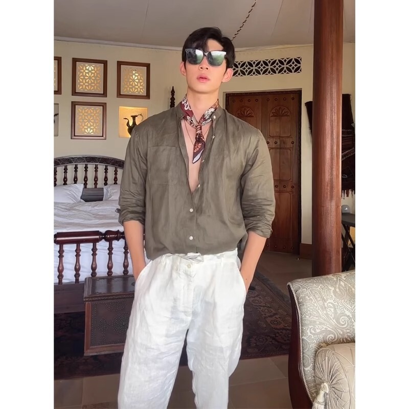Korean Style Old Money Style Brown Stand-Up Collar Linen Shirt Men's Summer Thin Loose Casual Sun Protection Long-Sleeved Shirt