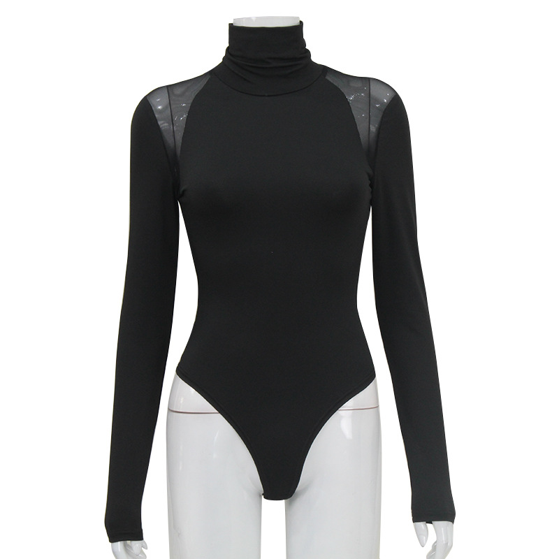 Mono de manga larga elegante y ajustado con cuello alto y malla, de alta elasticidad, para mujer, venta al por mayor, éxito de ventas transfronterizo en Europa y América.