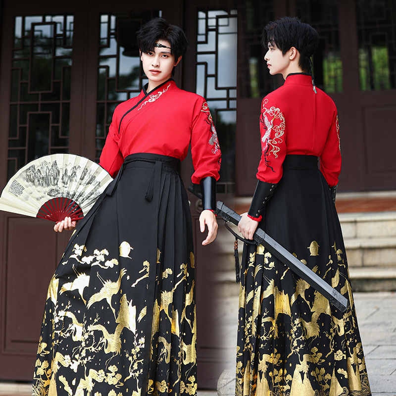 New Chinese Crane Bronzing Horse Face Skirt plus size Men's Antique Domineering Martial Arts Traditional Han Clothes Men's Han Elements suit