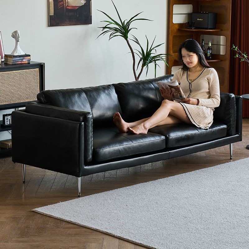 Italian Minimalist Oil Wax Leather Sofa Simple Modern Living Room Small Apartment Retro Style Straight Row Three-Piece Sofa Wood