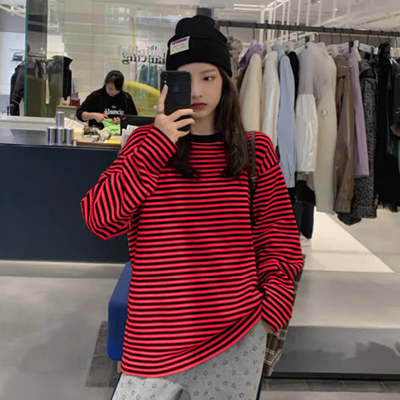 跨境2023新款春秋长袖T恤女韩版宽松慵懒风条纹上衣内搭打底衫潮