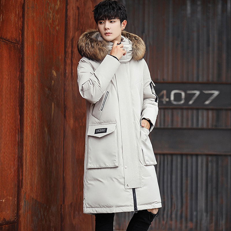 Invierno engrosada abajo Chaqueta larga grande Cuello de piel desmontable sombrero sobre la rodilla abrigo de los hombres abajo chaqueta casual abrigo
