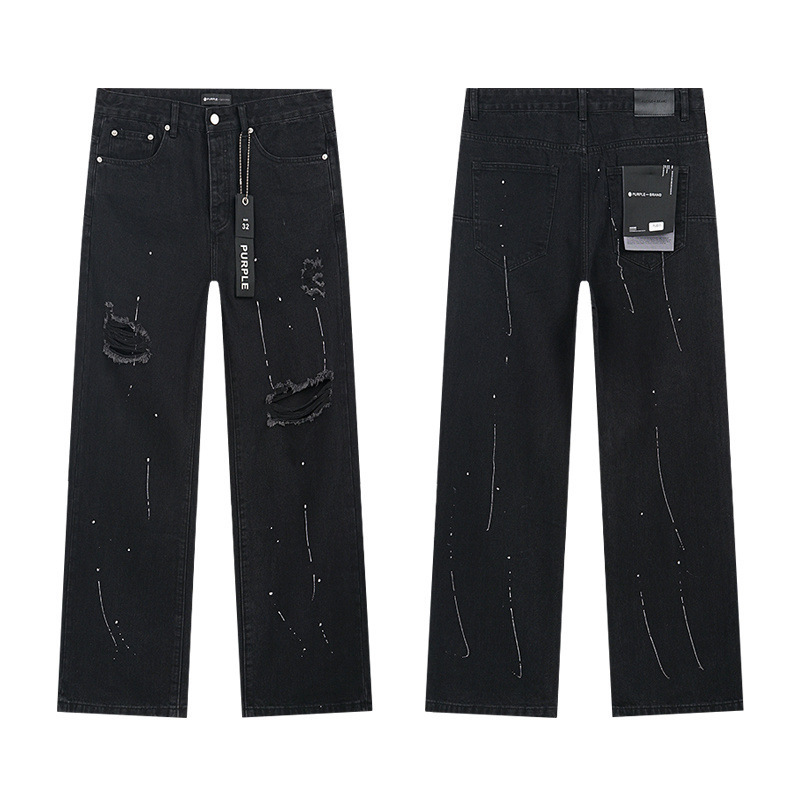 高品质PURPLE&AMIRI牛仔裤美式Jeans高街破洞补丁嘻哈直筒长裤男|undefined