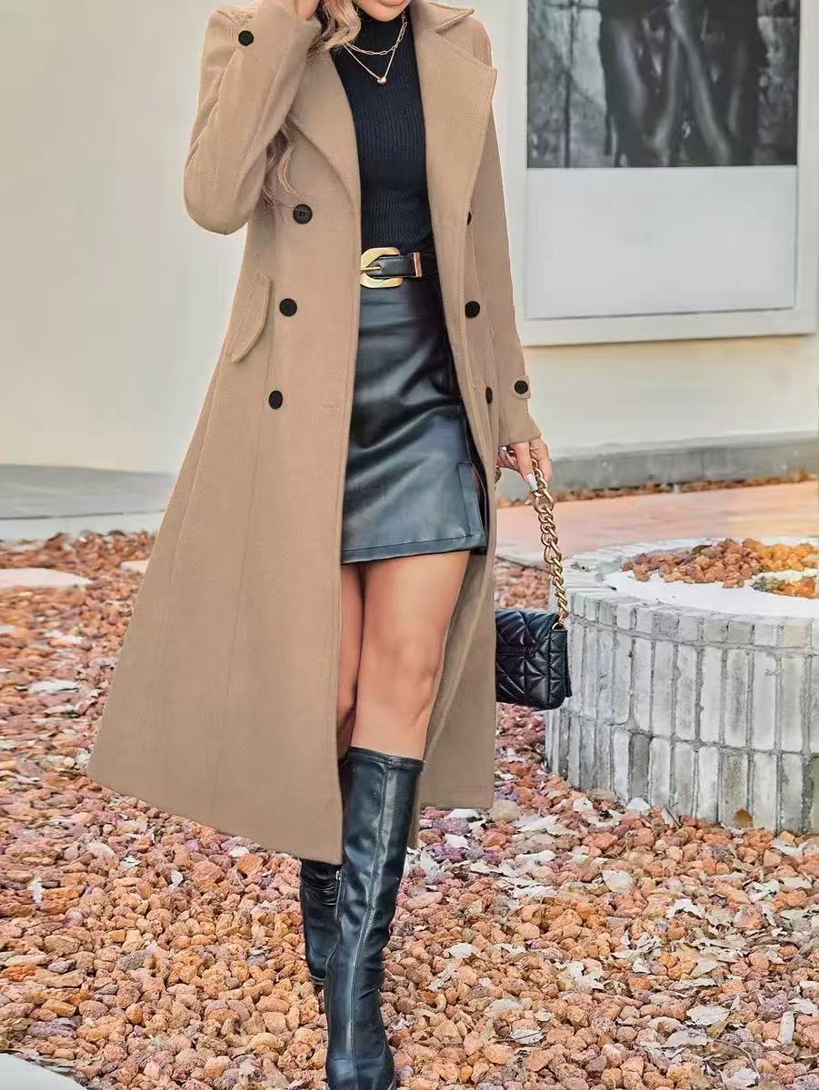 Autumn/Winter Woolen Coat With Flipped Collar And Double-Button Placket_voghion.com