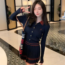 早秋气质时尚小香风套装新款女装撞色翻领针织百褶裙两件套