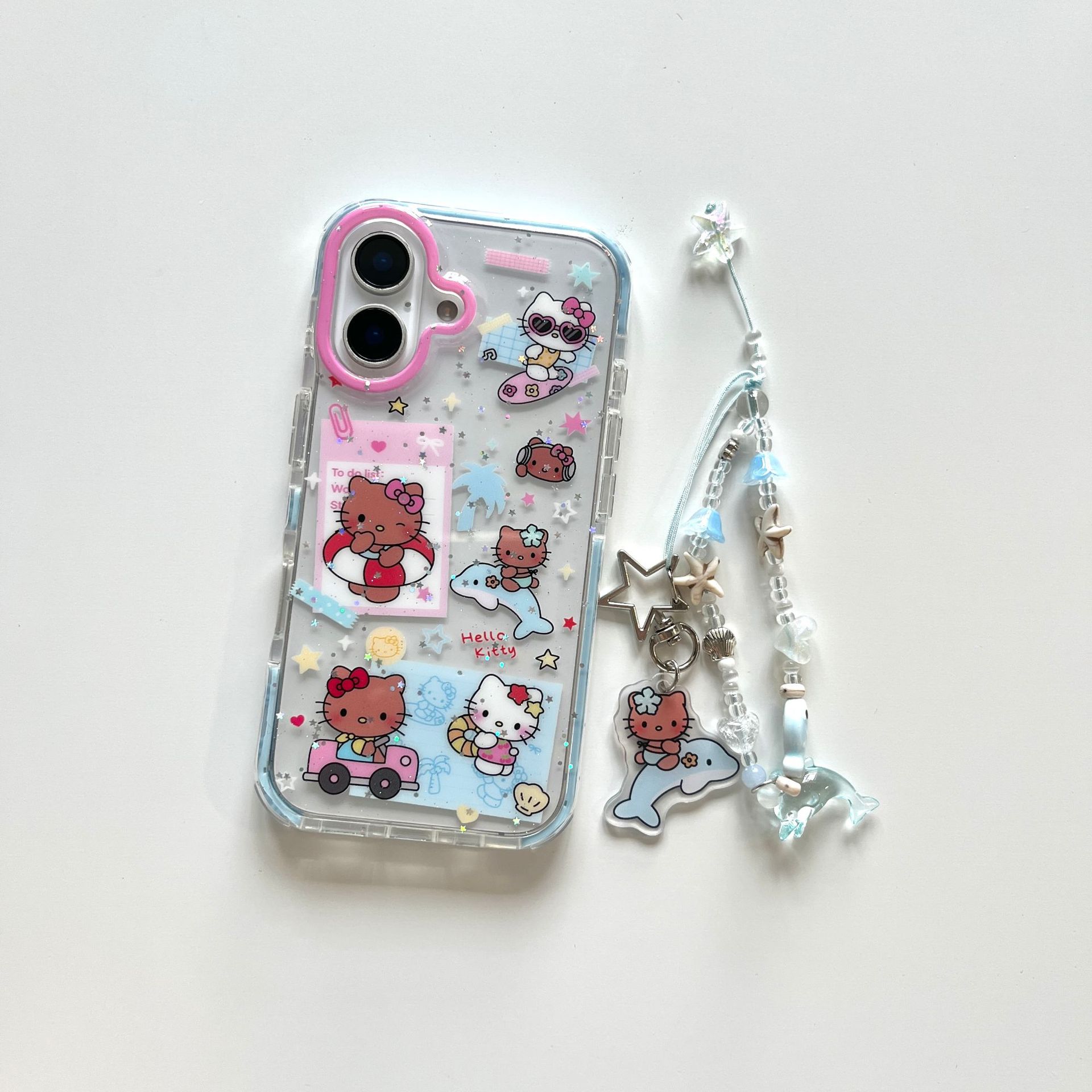 Dibujos animados coreanos piel negra KT gato para Apple 16ProMax funda para teléfono móvil 15Pro cadena 14/13 nicho 15PM