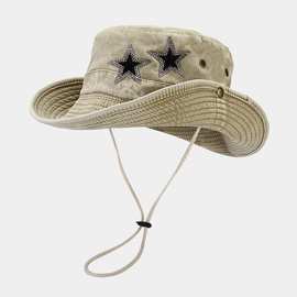 欧美新款创意五角星水钻大檐遮阳帽女士户外露营登山太阳帽休闲帽