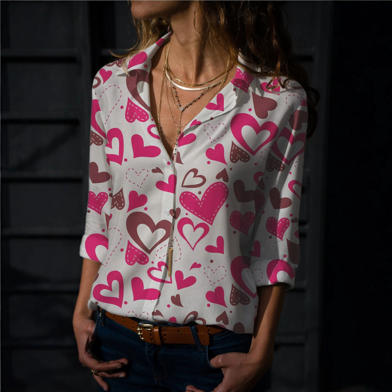 Cross-border Spring and Autumn Women's Long Sleeve Shirt Valentine's Day Series 3D Print Fashion Casual Simple Women's Long Shirt Cross-border Spring and Autumn Women's Long Sleeve Shirt Valentine's Day Series 3D Print Fashion Casual Simple Women's Long Shirt
