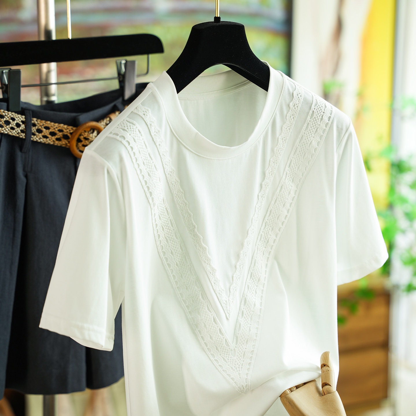 Lace Spliced ​​White T-Shirt Women's Top Versatile Summer New Style 0429