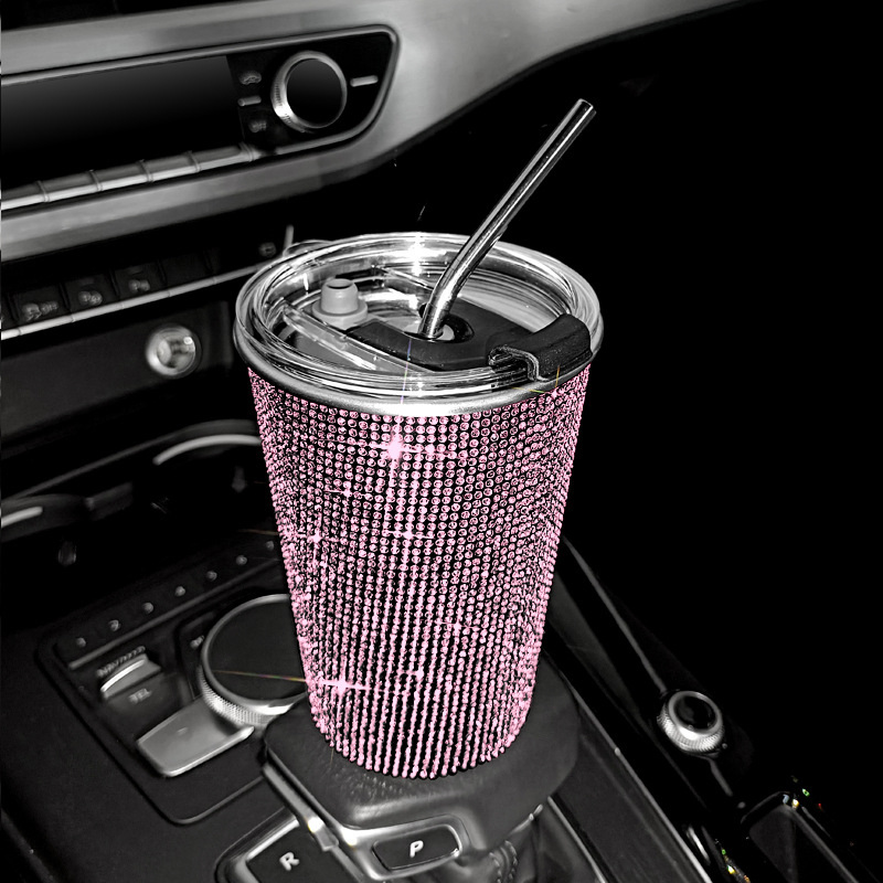 Bling flash rhinestone pegado diamante 550ml taza de bebida incrustada en el diamante taza de café de paja de acero inoxidable recta adelgazamiento