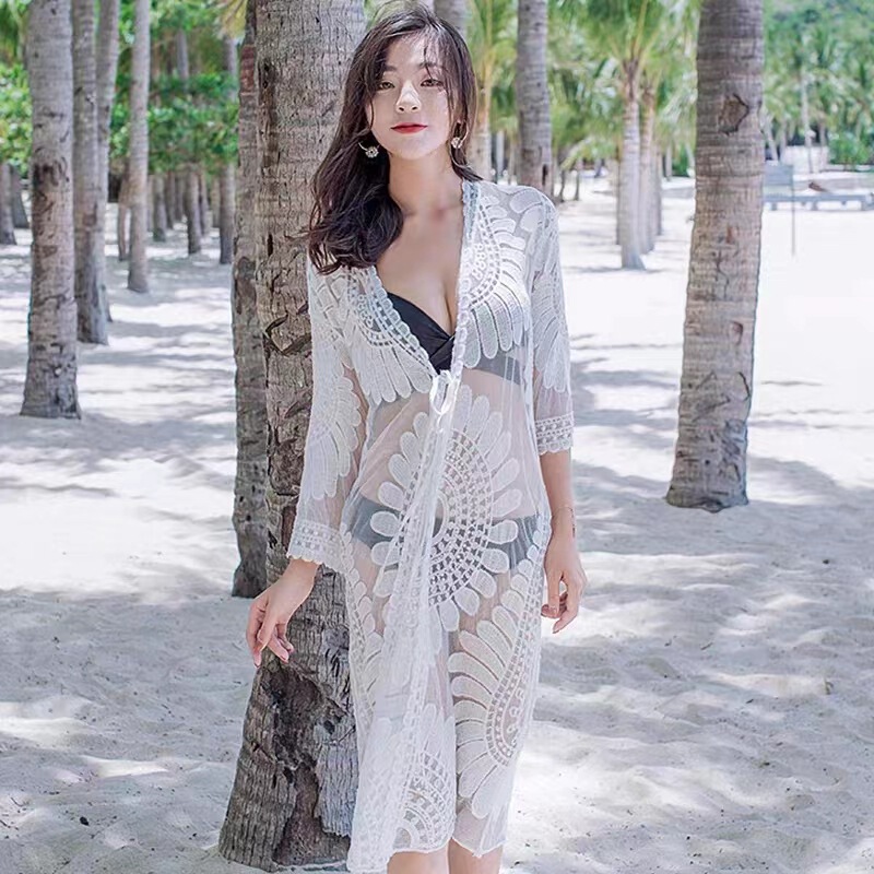 Beach Vacation Lace Cardigan Loose Large Size Beach Bikini with Extra Long Thin Outer Mesh Blouse Beach Vacation Lace Cardigan Loose Large Size Beach Bikini with Extra Long Thin Outer Mesh Blouse