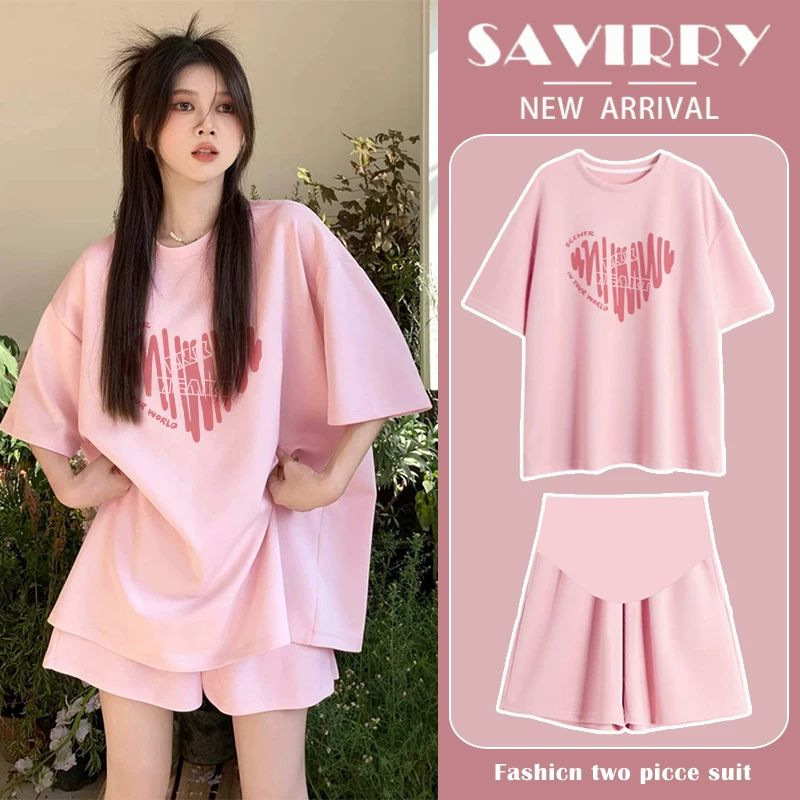 Maternity outfit summer T-shirt sports casual heart print short-sleeve pink top and shorts two-piece set for petite women