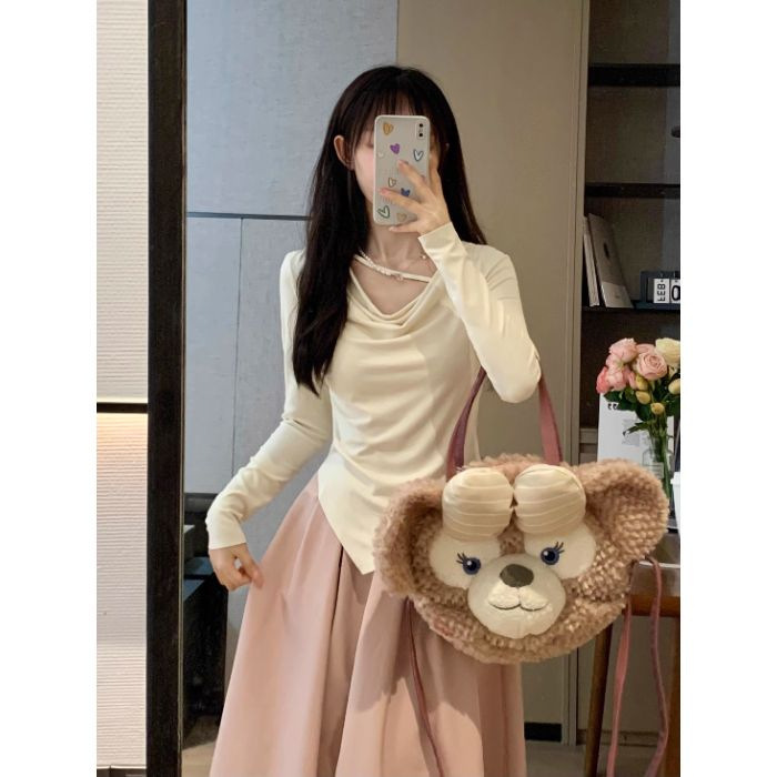 温柔风套装长袖不规则长袖上衣女秋季高腰A字裙半身裙气质两件套|undefined