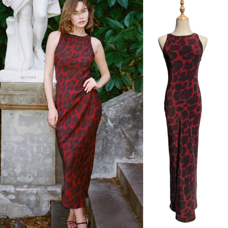 Rouge Leopard-Bare-Cut Slim-Fit Expensive Figure Flattering dress Boat Neck Silk Sleeveless Dress