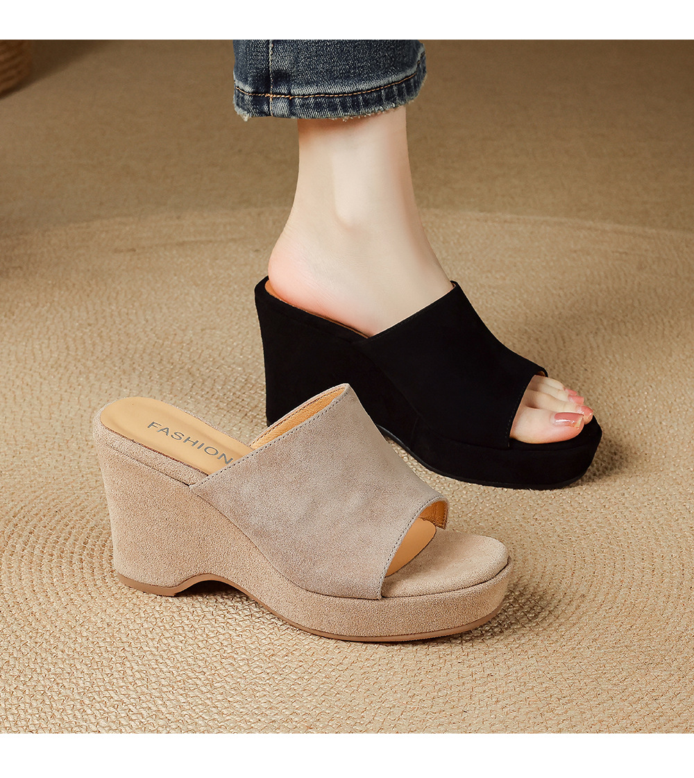 Sandal cao gót nữ đế xuồng 9cm quai ngang hở mũi chất liệu da lộn — màu đen, màu mơ chi tiết 13