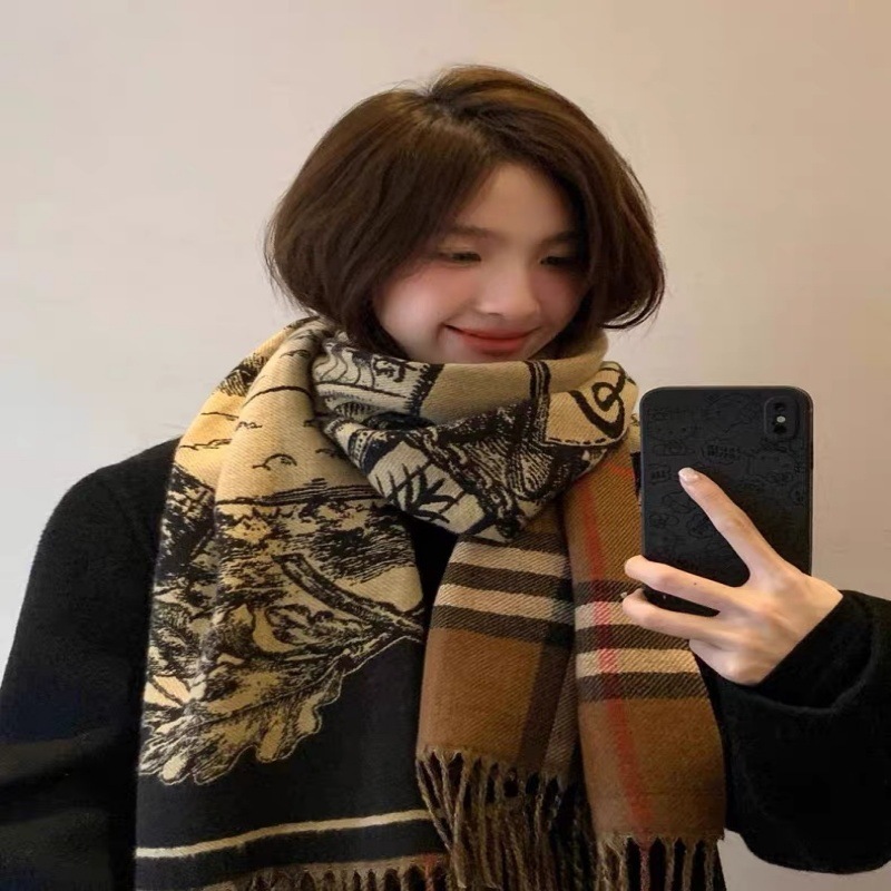 加厚款战马格子双面仿羊绒围巾女秋冬季新款流苏保暖外搭披肩围脖|undefined