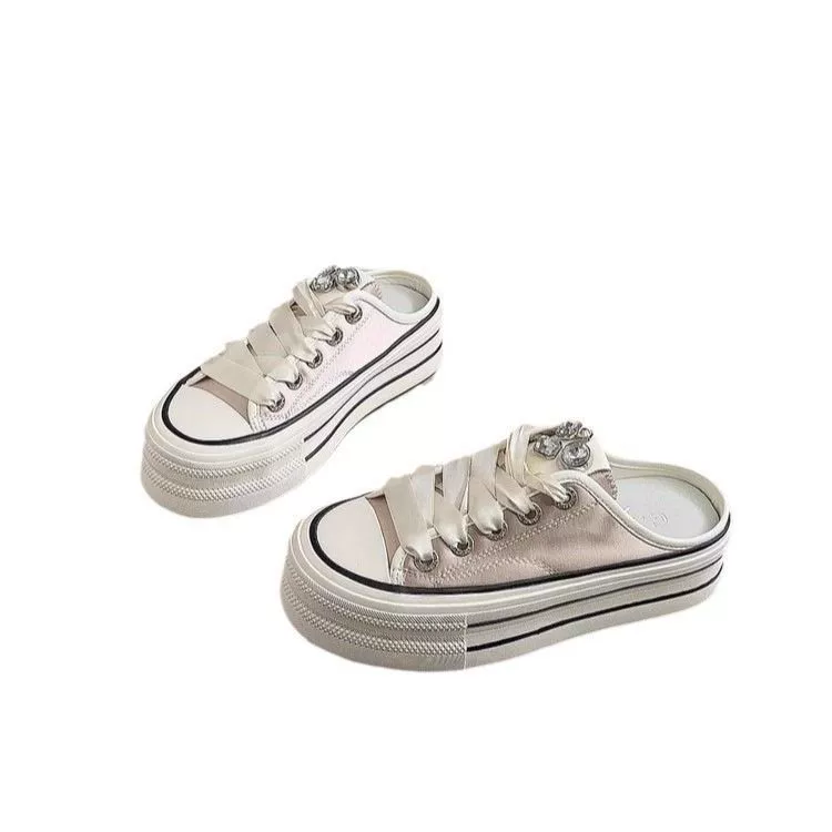 Белые туфли без шнуровки со стразами, полутапочки с носком, женская летняя верхняя одежда, новые туфли из мягкой кожи на толстой подошве, увеличивающие рост, бисквитные туфли.