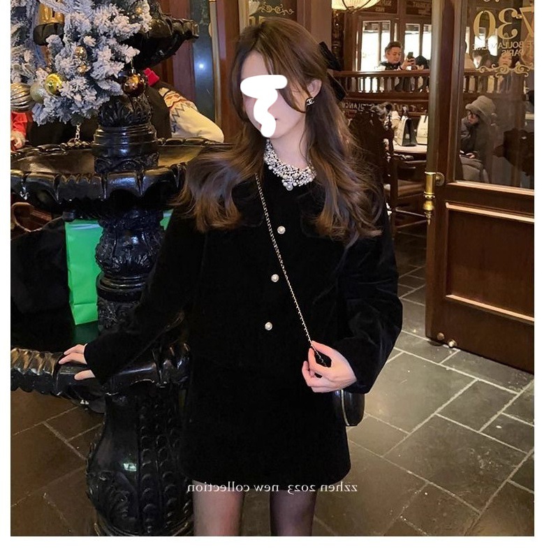 套装女2025冬季新款小香风外套钉珠花边上衣高腰显瘦半身裙潮代发