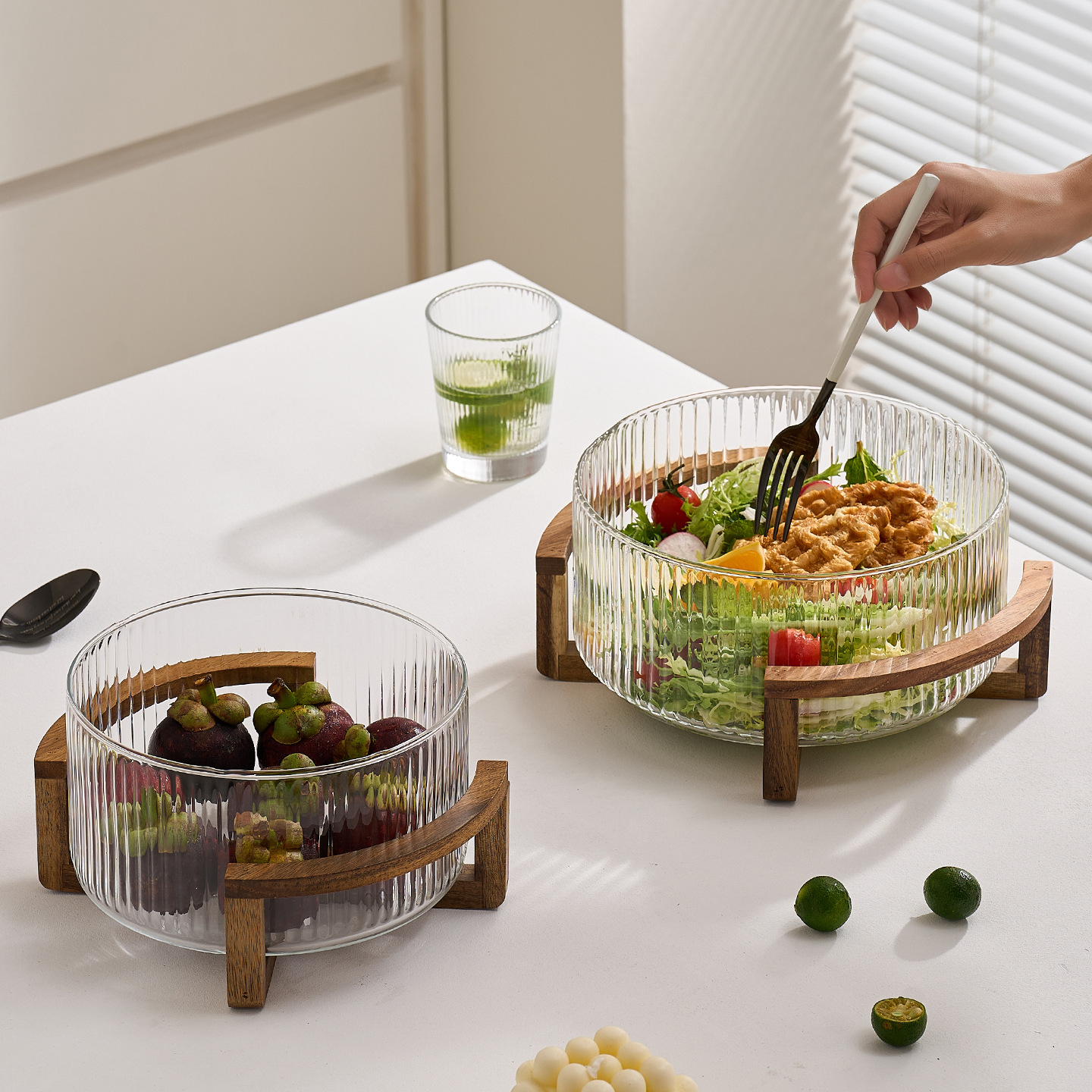 Resistente al calor y frío de estilo japonés, vidrio vertical de bambú, marco de madera, ensalada de frutas, paneles de exhibición, restaurantes, picnic al aire libre, fotos image 5