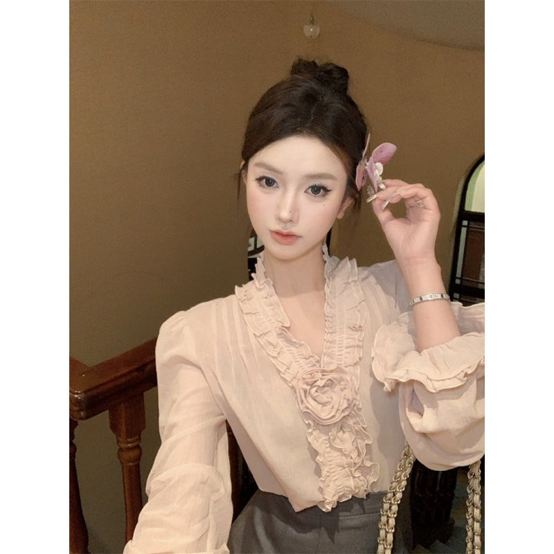 【月野花笺】法式木耳花边天丝玫瑰衬衫女设计感宽松垂感上衣|undefined