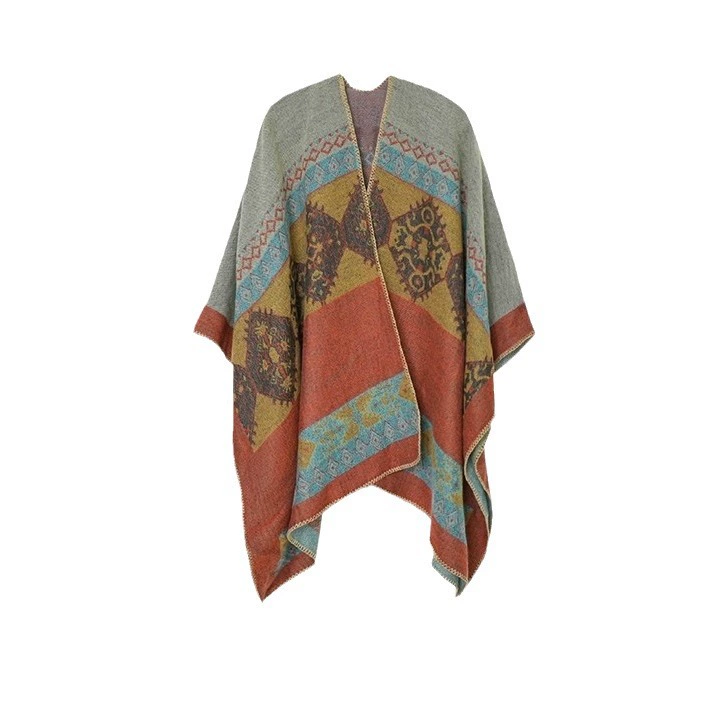Ethnic trench coat, demi-season keep warm cloak, retro big scarf from Yunnan province made of faux fur