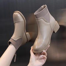 平底真皮小短靴女2025新款秋冬季加绒毛线口时装靴粗跟百搭高跟鞋