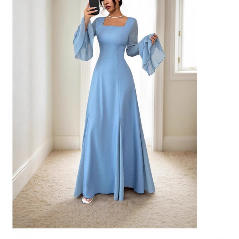 Amazon European and American Cross-Border New Style Gentle Ruffled Elegant Dress Elegant Elegant Solid Color Long Skirt Dress for Women Amazon European and American Cross-Border New Style Gentle Ruffled Elegant Dress Elegant Elegant Solid Color Long Skirt Dress for Women