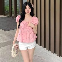 跨境甜美短袖温柔小衫方领泡泡袖宽松女夏上衣百搭遮肚腩碎花衬衣