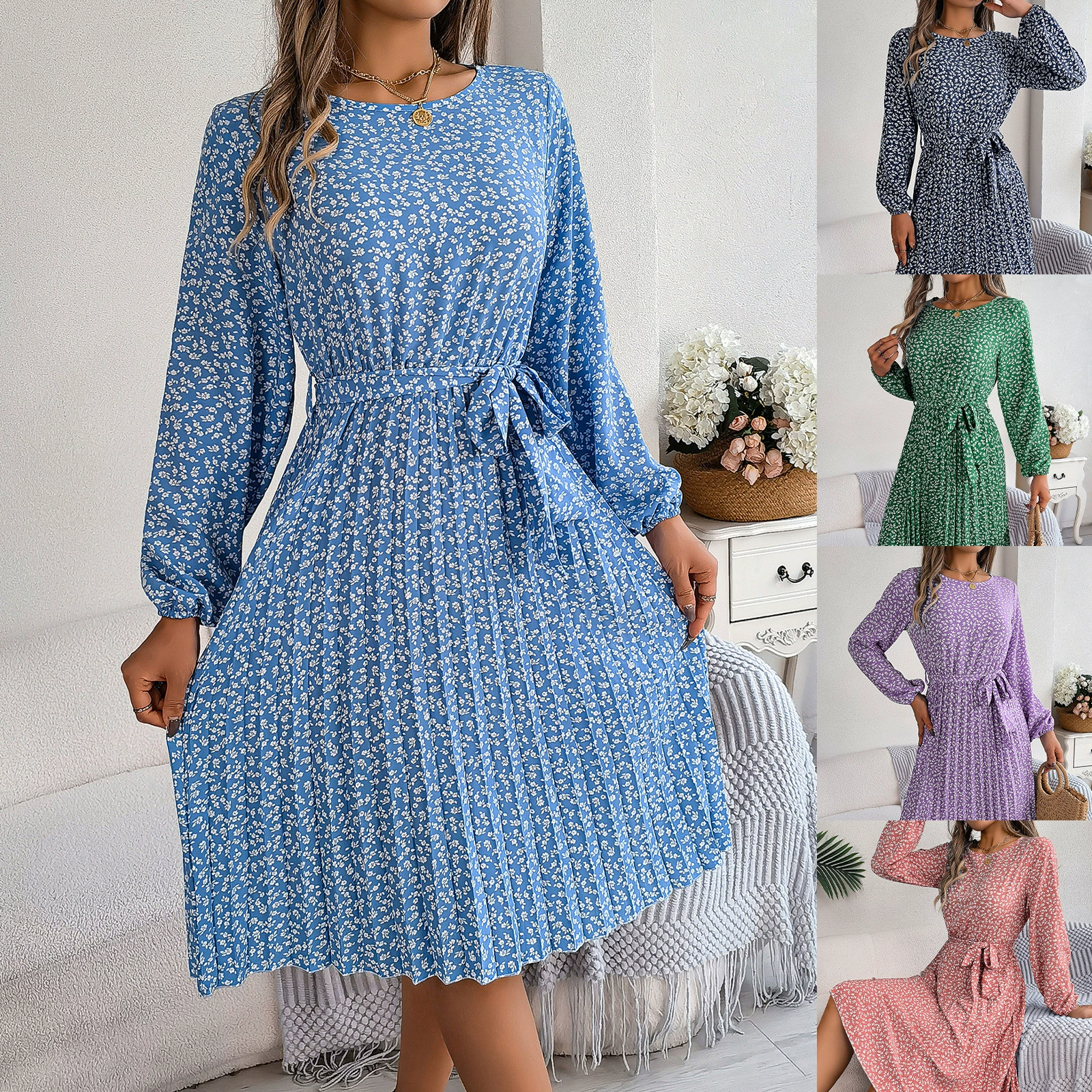 Ins style real shot весна и лето новая повседневная плиссированная юбка с длинными рукавами и цветочным принтом Amazon Европейская и американская трансграничная женская одежда