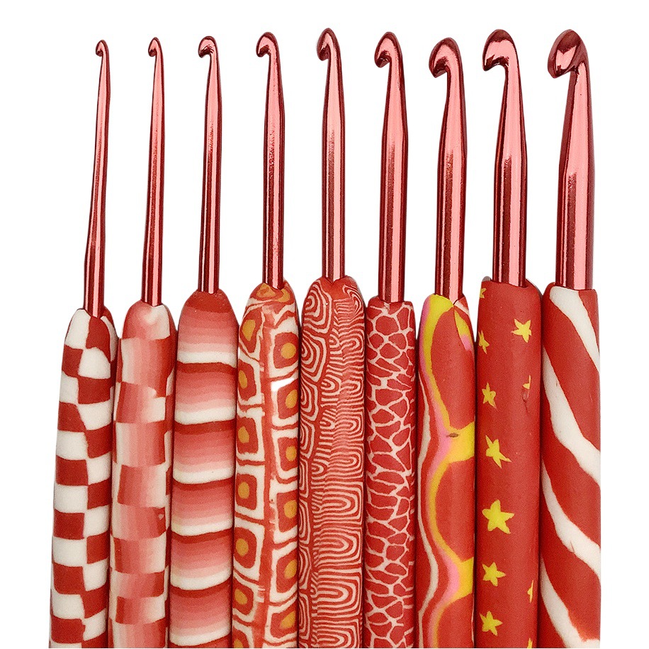 Herramientas de tejer aguja suéter largo rojo arcilla suave mango aluminio crochet conjunto 9 OPP bolsa embalaje