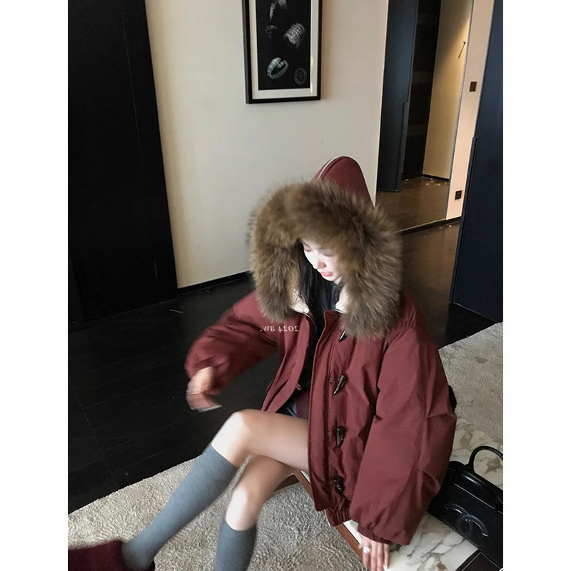 Ouyang 큰 너구리 모피 칼라 다운 재킷 여성 겨울 두꺼운 따뜻한 90 화이트 오리 다운 혼 버튼 후드 재킷