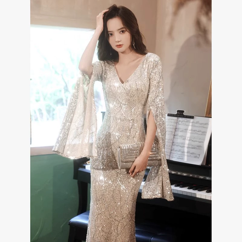 Вечернее платье женщина 2025 новый хостинг красивый банкет темперамент леди высокого уровня легкая роскоши нишевые платья высокого класса рыбий хвост