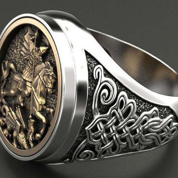 Anello uomo san giorgio ritratto drago design bicolore_voghion.com