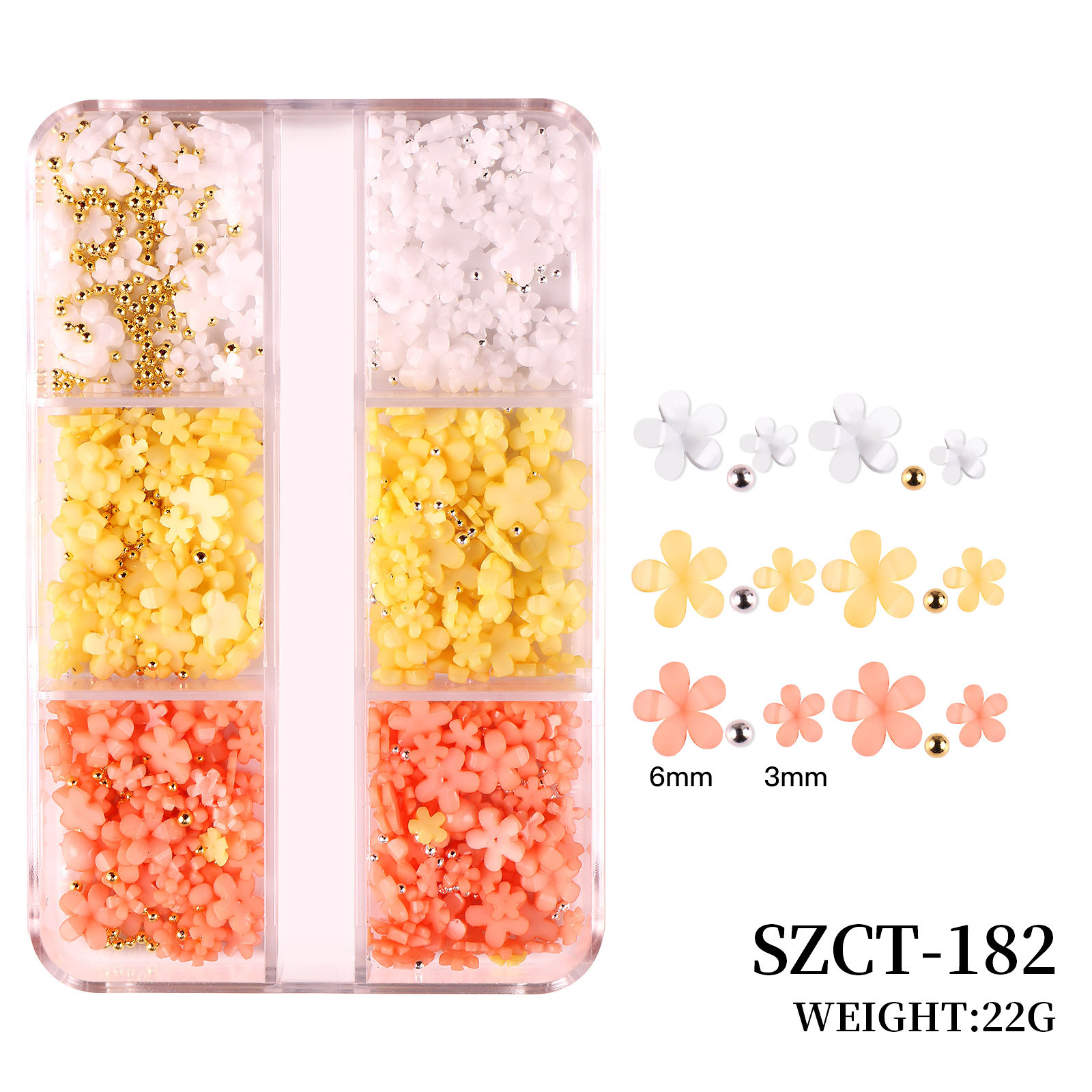 Joyas de uñas transfronterizas Juego de 6 cuadrículas de resina de uñas de color flor de cinco pétalos pequeña bola de acero decoración de uñas de vestir