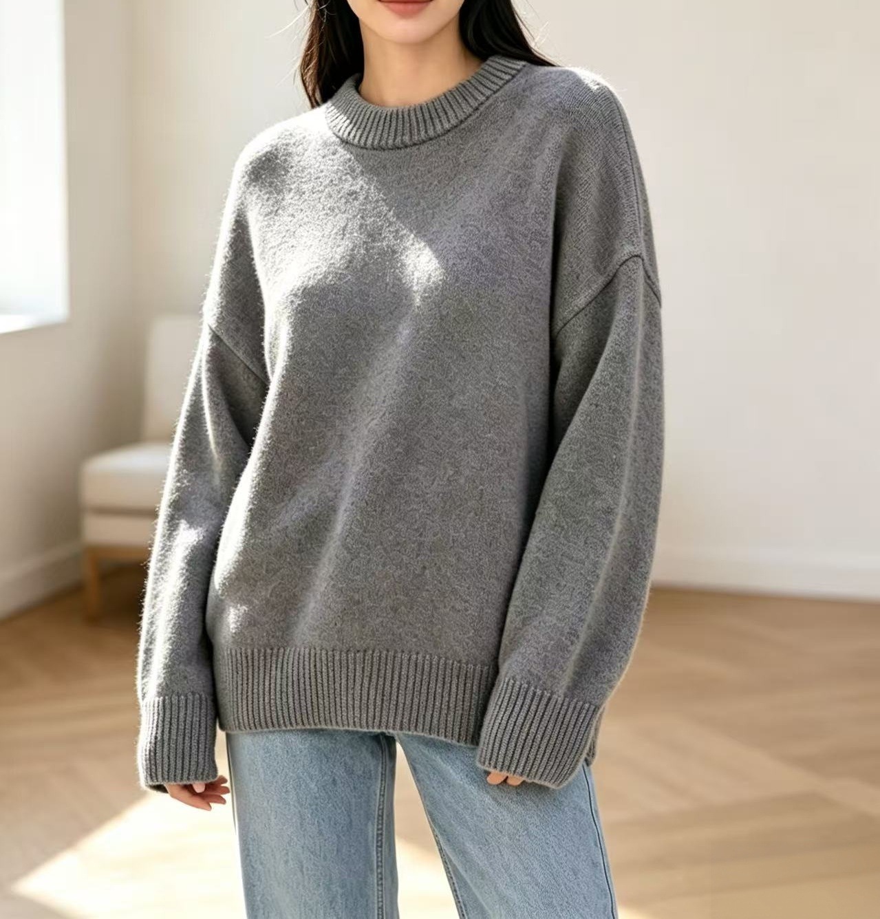 Coreano casual retro color sólido suéter de cuello redondo para mujeres otoño y invierno nuevo estilo de vestir suelta camisa de punto de estilo portugués