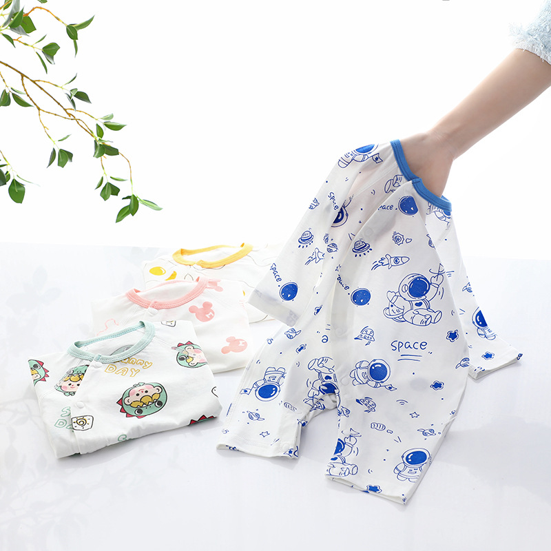 Little Eagle Lake Combed Cotton Seamless Long-Sleeve Romper Baby Summer Thin Style Class a Diagonal Button Single-Row Button Crawling Suit Real Shot