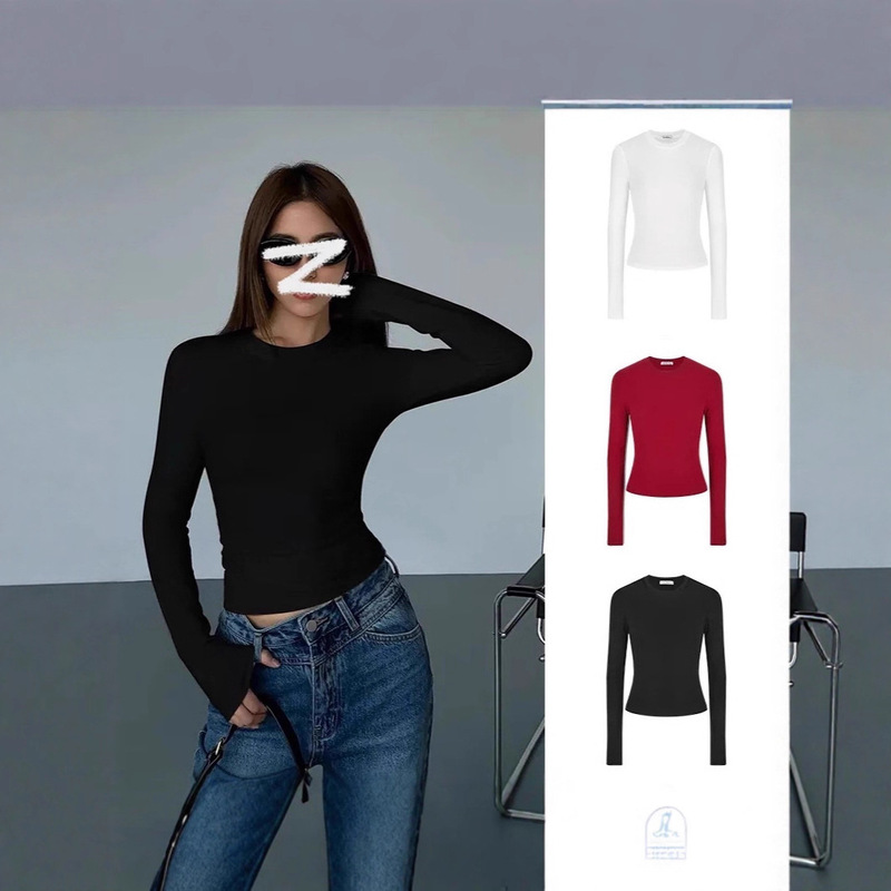 Petite Short Round Neck Long Sleeve T-Shirt 2025 New Base Shirt Women Slim Fit Stretch Versatile Regular Shoulder Top Ins Petite Short Round Neck Long Sleeve T-Shirt 2025 New Base Shirt Women Slim Fit Stretch Versatile Regular Shoulder Top Ins