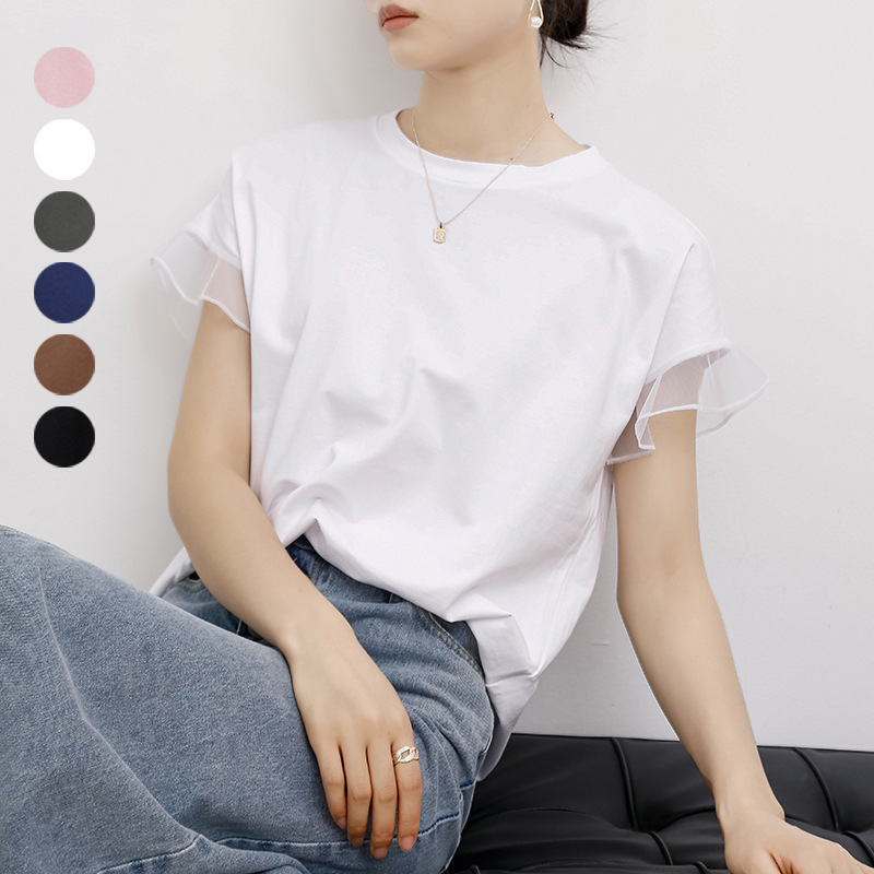 Lotte Spot Summer New 6-Color Mesh Splicing Ruffled Round Neck Cotton T-Shirt Women's Simple Top Trendy
