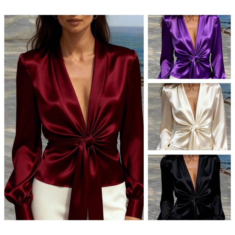Amazon Wish Independent Station New Style Deep V Neck Elegant Elegant Satin Shirt Lace-Up Long-Sleeved Top