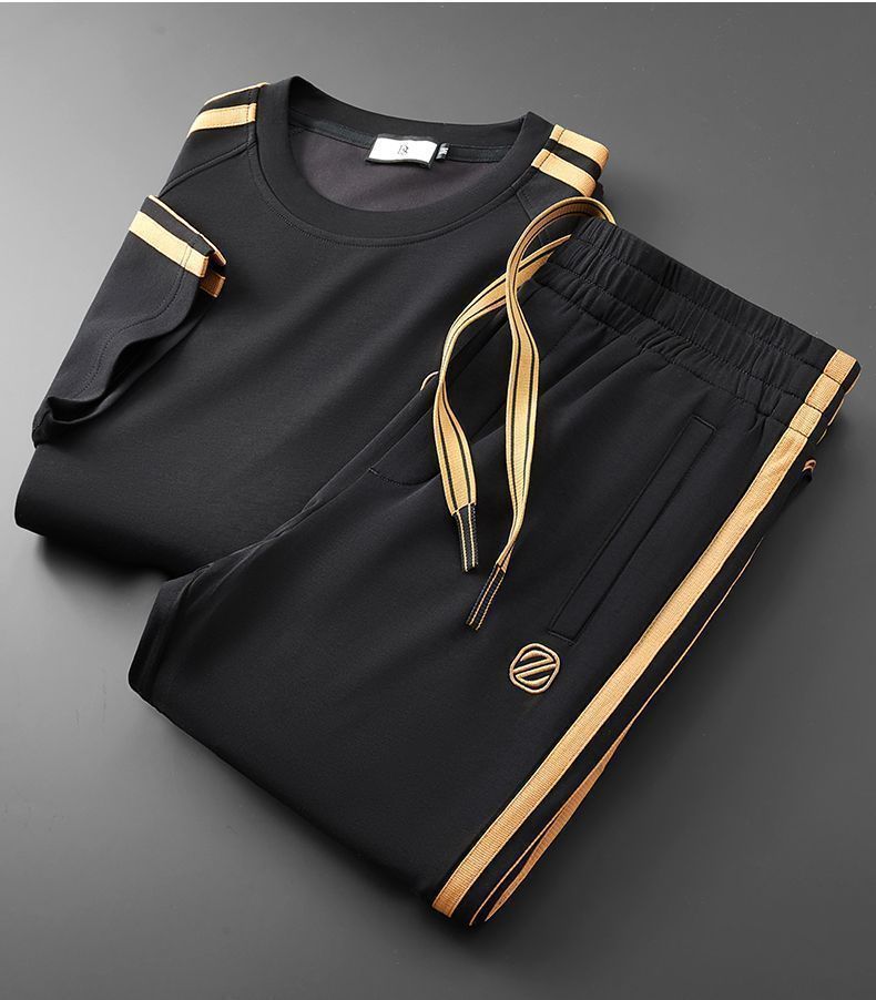 Lightweight Summer Men's 2-Piece Set Breathable Modal Cotton Short Sleeve T-Shirt & Straight Leg Pants With Minimalist Embroidery_viptrois.com
