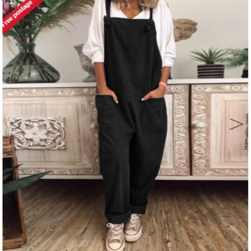 Ebay summer new pure color casual retro pockets sleeveless linen jumpsuit with adjustable straps