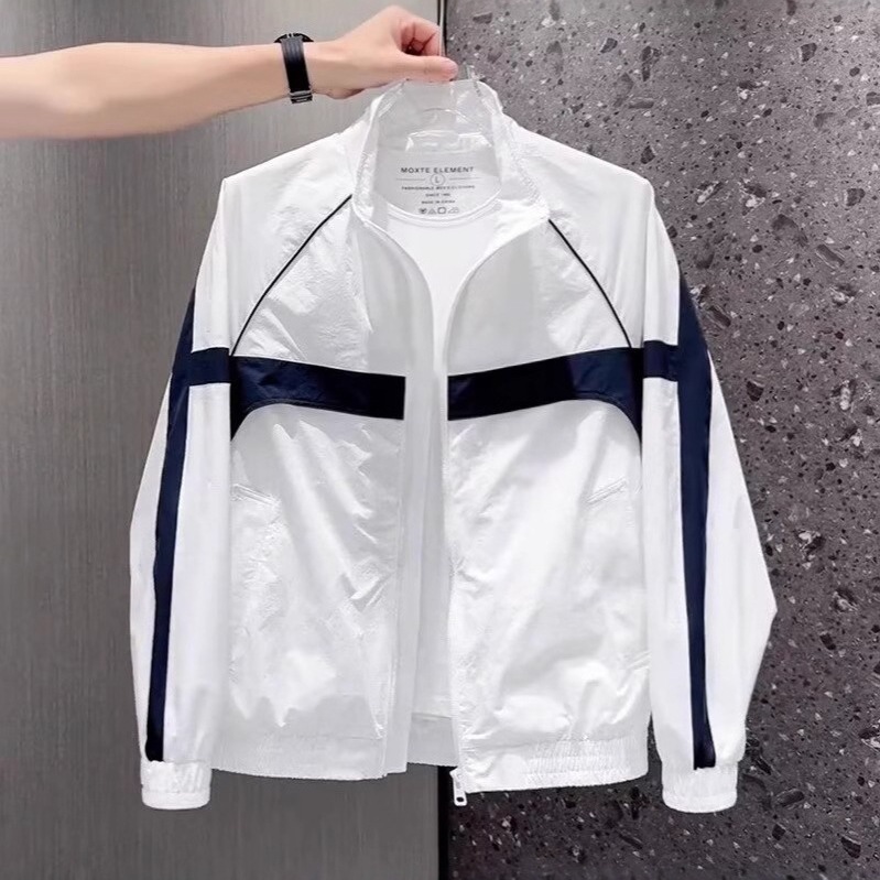 Color-blocked jacket for spring, summer, and autumn; simple and stylish men's and women's top; stand-up collar jacket; comfortable sun-protective windbreaker; light coat.