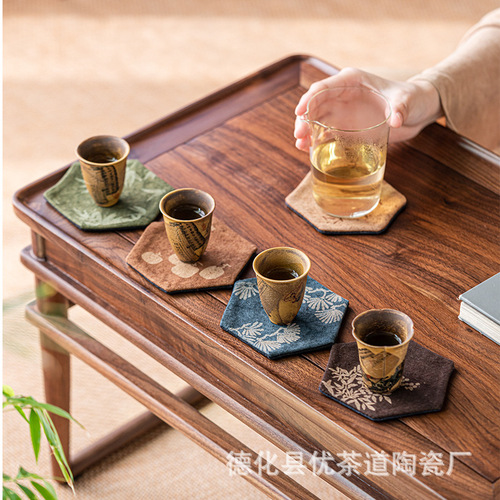 Excellent tea ceremony handmade tie-dye hexagonal coaster tea cup holder fabric pot tea mat tea table insulated tea ceremony accessories