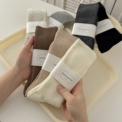 襪子女春秋薄款日系奶白色豎條雙針精梳棉純色ins日系中筒堆堆襪