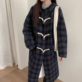 2025年秋季新款连帽格子双面羊毛大衣女中长款显瘦羊毛呢外套女