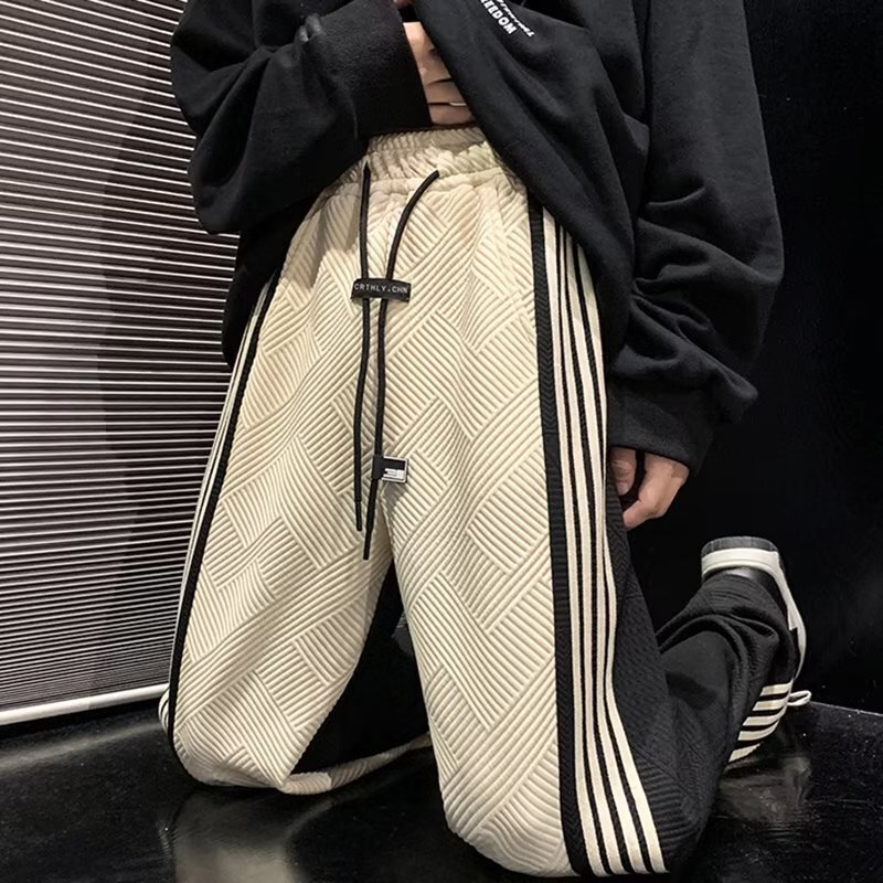 American Style Pants vintage Embossed Full Print Striped Patchwork Casual Pants High Street Men's Loose Straight Pants