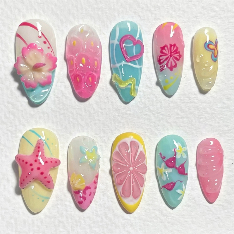 Summer Seaside Style Hand-Painted Wearable Nails, 3D Starfish Lemon Sweet Girl Style Finished Nail Art, 30 Pieces of Wearable Nails
